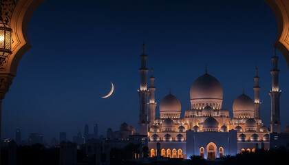 Fototapeta premium Beautiful mosque at night with crescent moon in sky