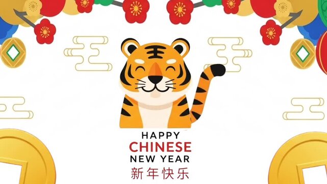 Tiger Celebrates Chinese New Year. Animation of the lunar year symbol,  Flat illustration