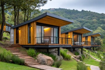 Obraz premium Modern cabins creating sustainable living in a mountain resort