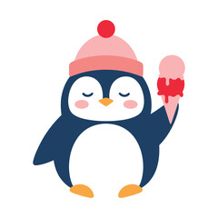 Fototapeta premium Cute cartoon penguin wearing a pink winter hat holding a pink ice cream cone