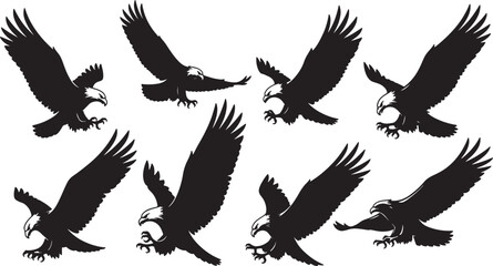 Obraz premium Set of 7 eagle silhouettes vector isolated PNG with Transparent Background
