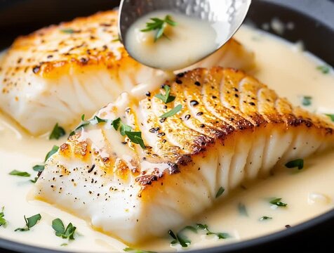 Pan seared cod fillets with creamy garlic sauce and parsley