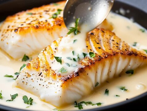 Pan seared cod fillets with creamy garlic sauce and parsley