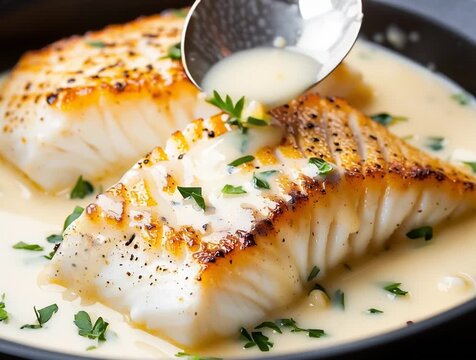 Pan seared cod fillets with creamy garlic sauce and parsley