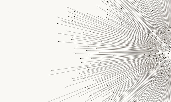 Minimalist radial burst of black lines with dots on light background. Abstract geometric pattern symbolizing data flow, vector field, explosion, or digital network visualization with copy space.