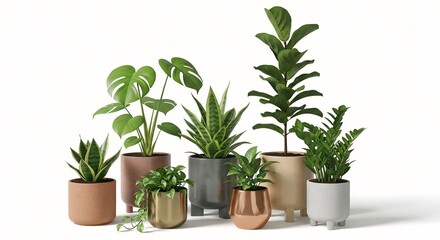 Obraz premium Collection of diverse houseplants in modern pots indoor greenery for home decor and interior design isolated on white background