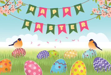Easter banner. Eggs hidden in the grass. Happy Easter.