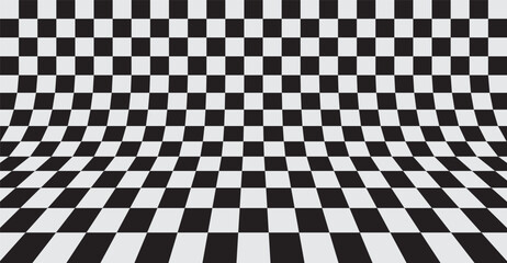 Fototapeta premium Distorted black and white checkerboard pattern creating an optical illusion of curved depth. Abstract geometric design exploring visual perception, motion, and spatial distortion.