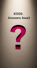 Tan paper backdrop with pink question mark cut out, representing inquiry and quest for knowledge, illuminated by subtle lighting, creating mysterious vibe