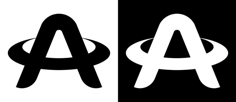Stylized letter A with a horizontal ring, shown in black on white and mirrored in white on black. Abstract symbol resembling anarchy or planetary icon. Bold, minimalist, symmetrical design.