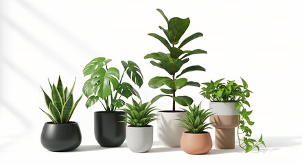 Obraz premium Collection of potted houseplants including snake plant and monstera in modern ceramic pots isolated on white background for interior design