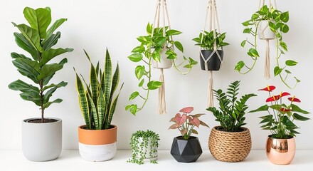 Fototapeta premium Collection of various houseplants in decorative pots including hanging plants and potted flora for home decor and interior design concepts