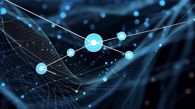 A glowing blue circle is surrounded by complex networks and dots in a dark, abstract background.