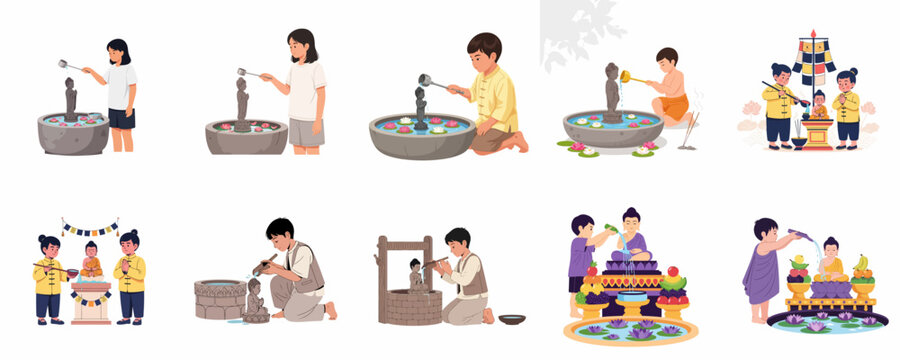 Collection of Buddhist rituals illustrations: people bathing the Buddha statue, pouring water for purification, celebration, and spiritual reverence in traditional Asia.
