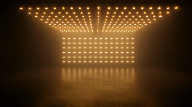 Empty stage illuminated by glowing studio lights
