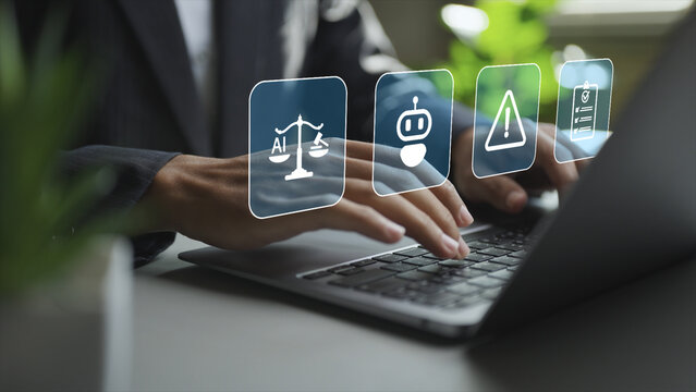 AI ethics management concept focused on trust, accountability and human-centered technology. Professional overseeing ethical AI principles using a laptop-based digital interface.