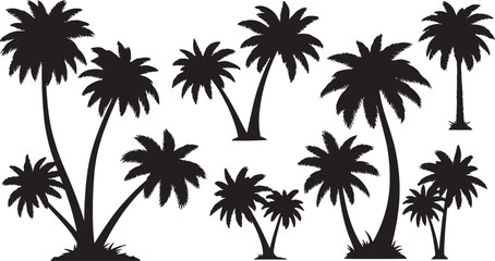 Set of black palm tree silhouettes vector isolated PNG with Transparent Background