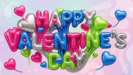 Happy valentine's day 3d metallic colorful text with balloons and hearts on a light pastel background