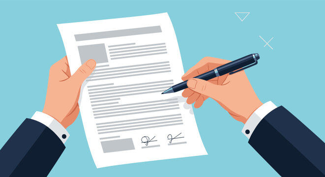 Illustration of a businessman's hands signing a contract or document with a pen, symbolizing a legal agreement or business deal.