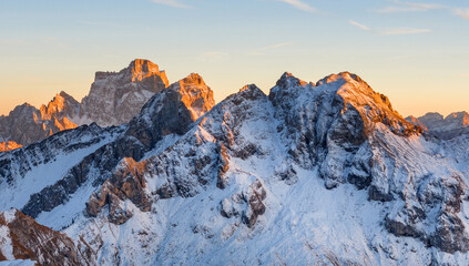 Panorama of Passo Giau in the Dolomites mountains during autumn sunrise