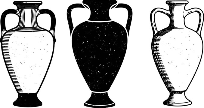 Three ancient greek amphora vases classic pottery vessels with two handles, vintage illustration