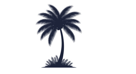 Obraz premium A detailed black silhouette of a single coconut palm tree with grass at its base, evoking a tropical, beach, or summer vacation theme.
