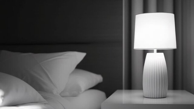 White table lamp glowing softly on a modern bedside table, creating a peaceful and serene atmosphere with a blurred comfortable bed and pillows in the background, promoting relaxation and sleep