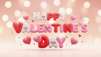 Happy valentine's day 3d render typography with cute smiling faces on letters and heart shaped balloons against a soft bokeh background