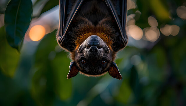 Upside-down bat hanging from a branch with bokeh background and vibrant foliage