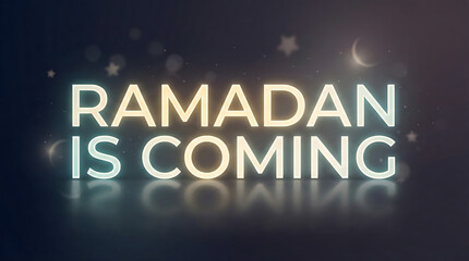 Obraz premium Ramadan is coming glowing golden text on dark cosmic starry background celebration festive spiritual event greeting card design