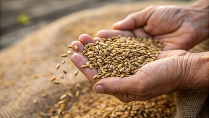 Hands Holding Grains of Wheat Above a Pile of Seeds on a Rustic Background