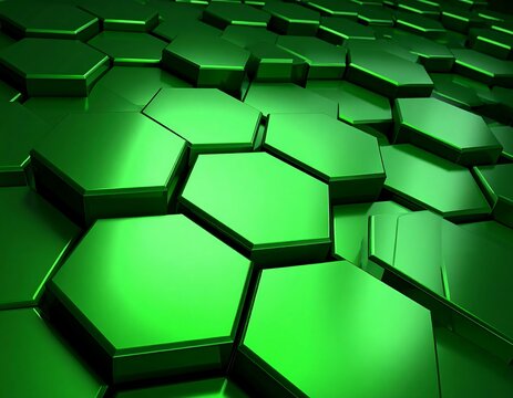 Abstract, 3D rendered background of many overlapping, glossy emerald green hexagonal shapes