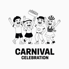 Carnival Celebration Happy Kids Dancing In Costume Line Art Vector Illustration
