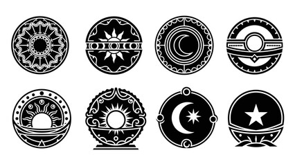 Fototapeta premium Set of eight mystical circular emblems with celestial and ornamental designs.