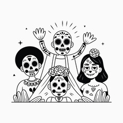 Day of the Dead Celebration Sugar Skull Family Line Art Vector Illustration
