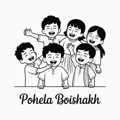 Pohela Boishakh Celebration Happy Bengali Kids Smiling Line Art Vector Illustration