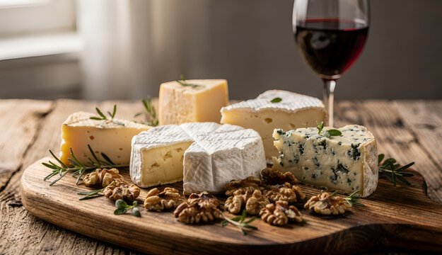 Artisan Cheese Board with Nuts and Red Wine