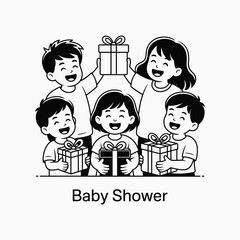 Baby Shower Celebration Happy Kids Holding Gift Boxes Line Art Vector Illustration