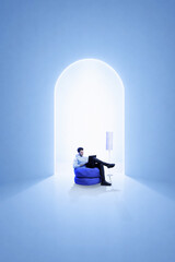 Obraz premium Clean mixed media with man working on laptop in blue interior with glowing arch. Concept of remote job, digital lifestyle, personal productivity, modern home office and calm concentration.