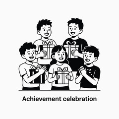 Achievement Celebration Happy Team Holding Gift Boxes Line Art Vector Illustration