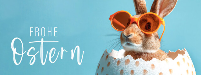Frohe Ostern Konzept, Ferien Feiertag Gru&szlig;karte, Karte mit deutschem Text - Osterhase Feldhase Hase mit Sonnenbrille in Osterei, isoliert auf blauem Hintergrund
