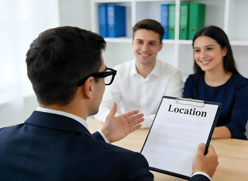 Agent immobilier pr&eacute;sentant un contrat de location &agrave; un jeune couple souriant dans un bureau moderne