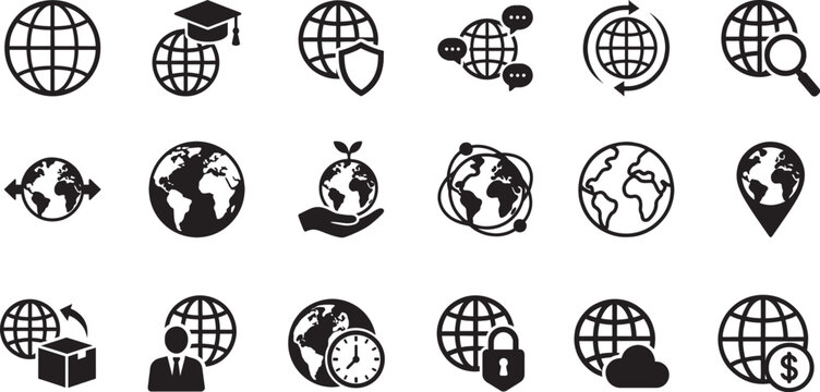Globe outline icon set with world, earth and global network symbols in clean line style design.