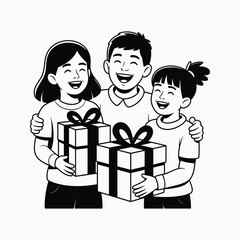 Happy Friends Holding Gift Boxes Smiling Celebration Line Art Vector Illustration