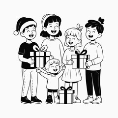 Happy Kids Group Holding Gift Boxes Celebration Line Art Vector Illustration