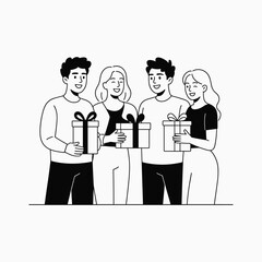 Friends Holding Gift Boxes Celebration Line Art Vector Illustration