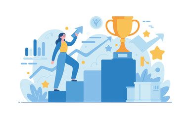 Business Growth Success Concept Woman Reaching Trophy On Rising Chart Flat Vector Illustration