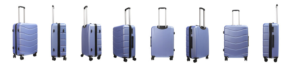 Wheeled luggage set isolated on white. Travel baggage, plastic carry-on with handles. Rolling