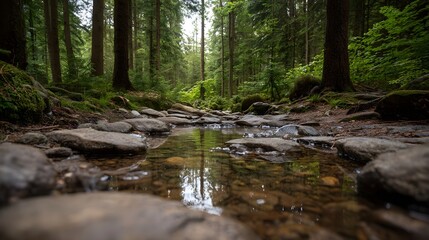 Obraz premium A tranquil forest path with wet rocks and reflections in a shallow stream surrounded by tall trees