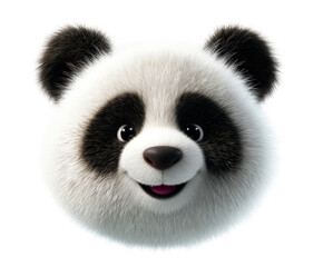 Obraz premium Cute fluffy 3D giant panda head character with a happy smiling expression and big glossy eyes in a friendly frontal portrait view with soft detailed fur texture